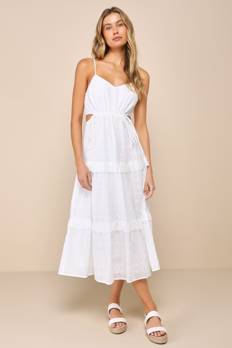 knee length dresses for ladies Henny Diamante Trim Cut Out Midi Dress / White | Meshki