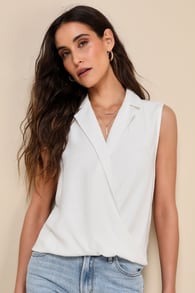 Sophisticated Situation White Sleeveless Collared Top
