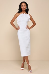 Brightest Aura White Jacquard Ruffled Strapless Midi Dress