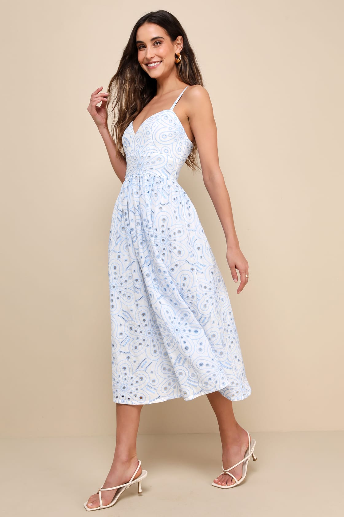 Sunny Poise White Cotton Eyelet Embroidered Midi Dress