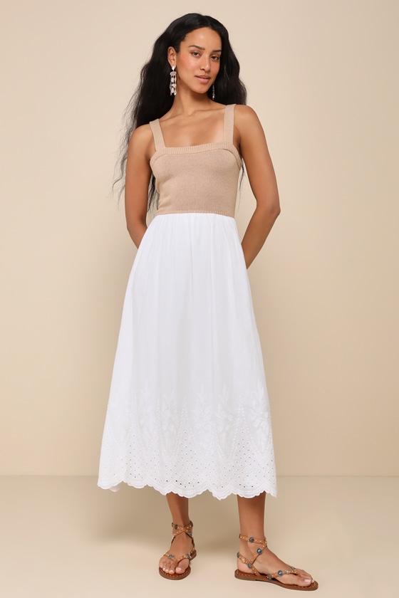 Lulus Breezy Pick Ivory Color Block Backless Embroidered Midi Dress