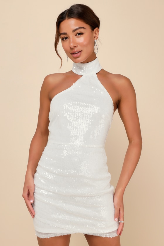 Lulus Sensational Purpose White Sequin Halter Tulip Mini Dress