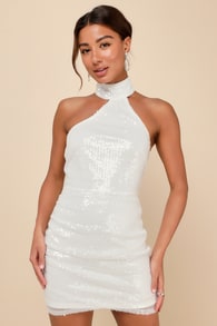Sensational Purpose White Sequin Halter Tulip Mini Dress