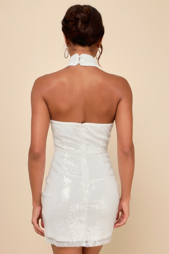 Lulus Sensational Purpose White Sequin Halter Tulip Mini Dress In White