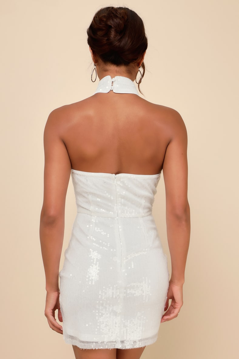 Sensational Purpose White Sequin Halter Tulip Mini Dress