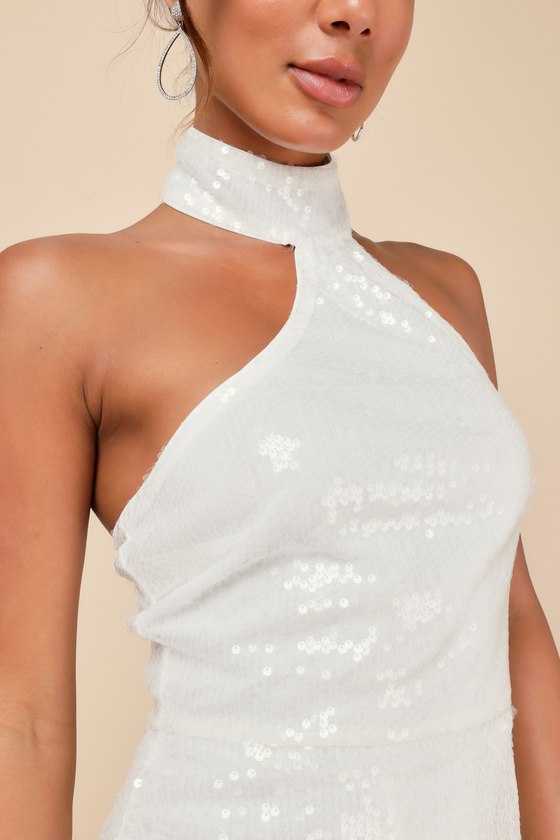 Lulus Sensational Purpose White Sequin Halter Tulip Mini Dress In White
