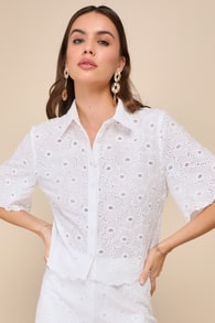 Sunny Angel White Embroidered Button-Front Short Sleeve Top