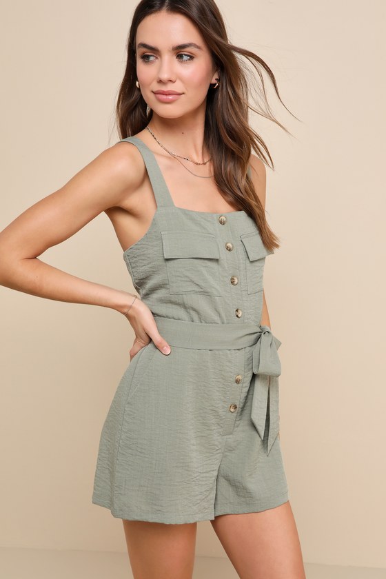 Lulus Daily Choice Sage Green Sleeveless Belted Button-front Romper
