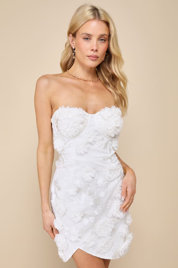 Ivory 3D Floral Dress - Strapless Bustier Dress - Mini Dress - Lulus Ivory 3D Floral Dress - Strapless Bustier Dress - Mini Dress - Lulus