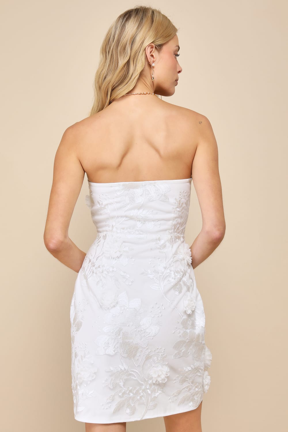 Blossoming Drama Ivory 3D Floral Strapless Bustier Mini Dress