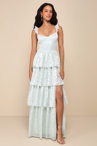 Stunning Glory Sage Green Floral Jacquard Tiered Maxi Dress 1