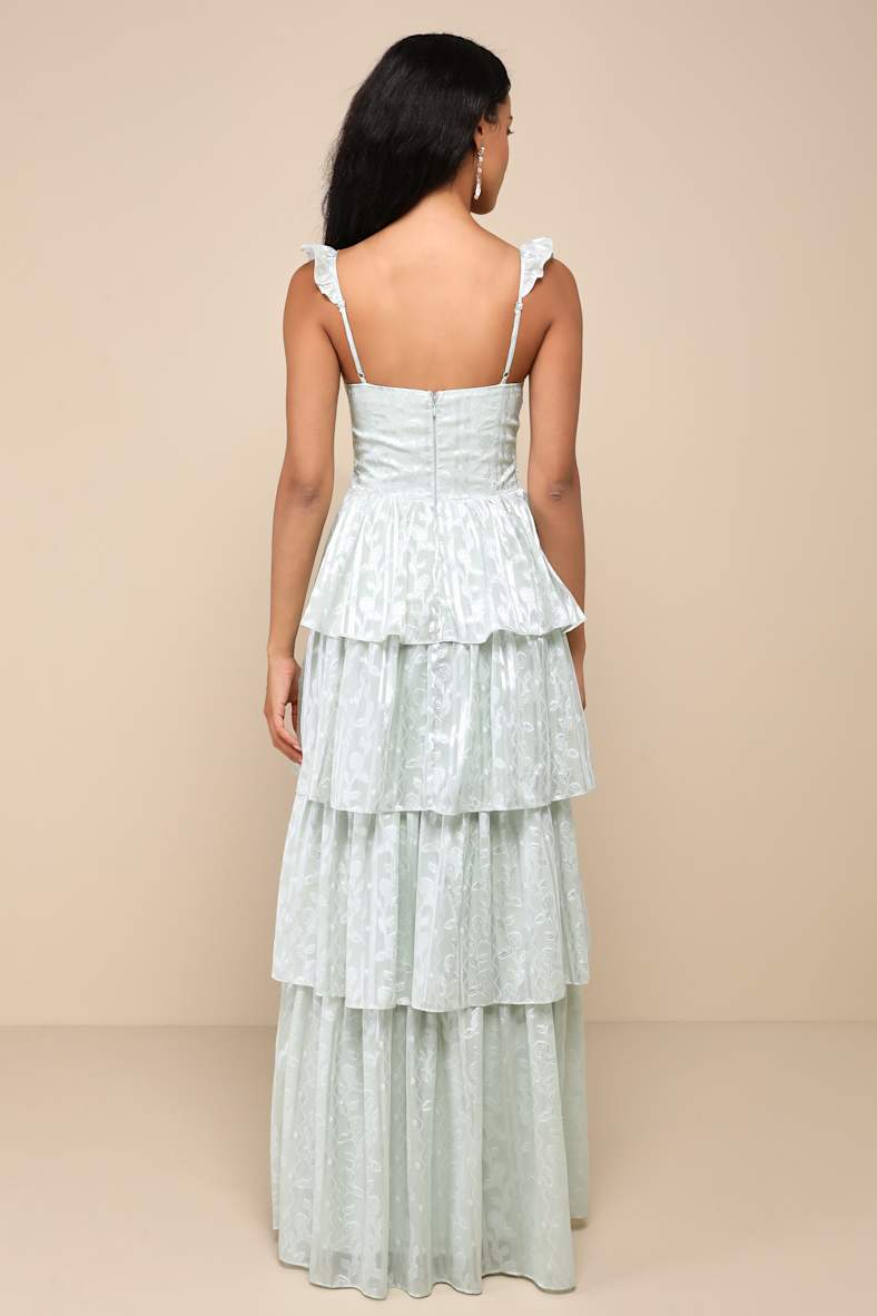 Stunning Glory Sage Green Floral Jacquard Tiered Maxi Dress