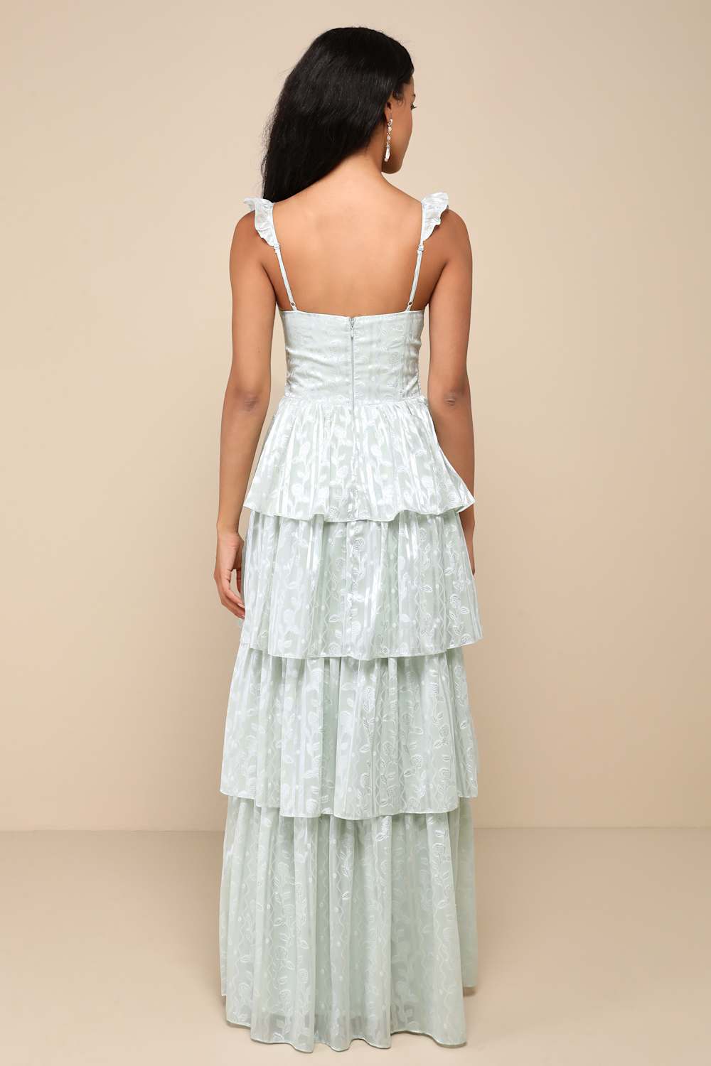 Stunning Glory Sage Green Floral Jacquard Tiered Maxi Dress