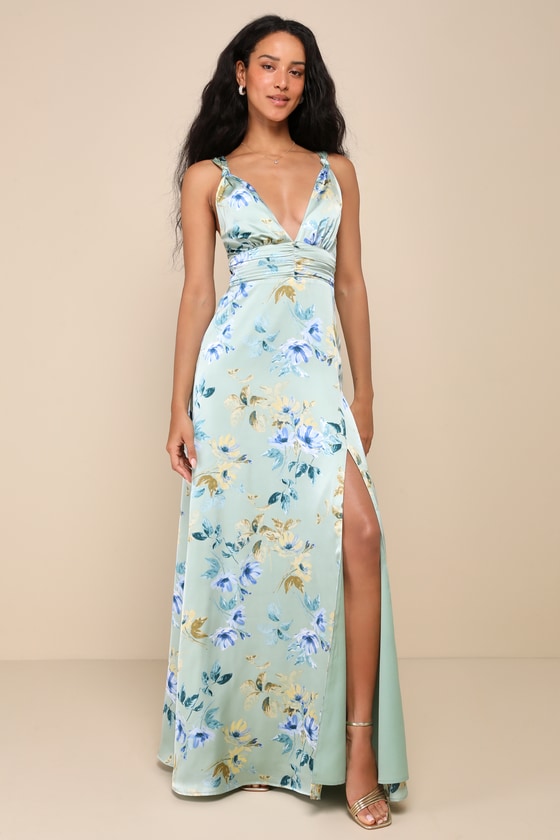 Convincing Elegance Sage Green Floral Satin A-Line Maxi Dress 1