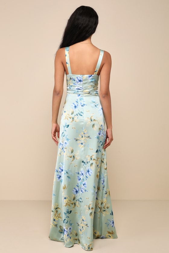 Convincing Elegance Sage Green Floral Satin A-Line Maxi Dress 2