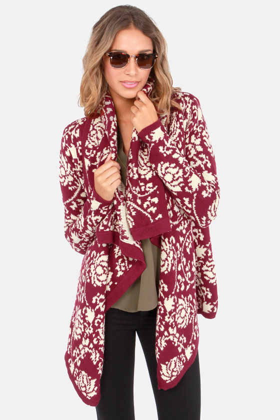 Cute Burgundy Sweater - Floral Print Sweater - Cardigan Sweater - $56. ...