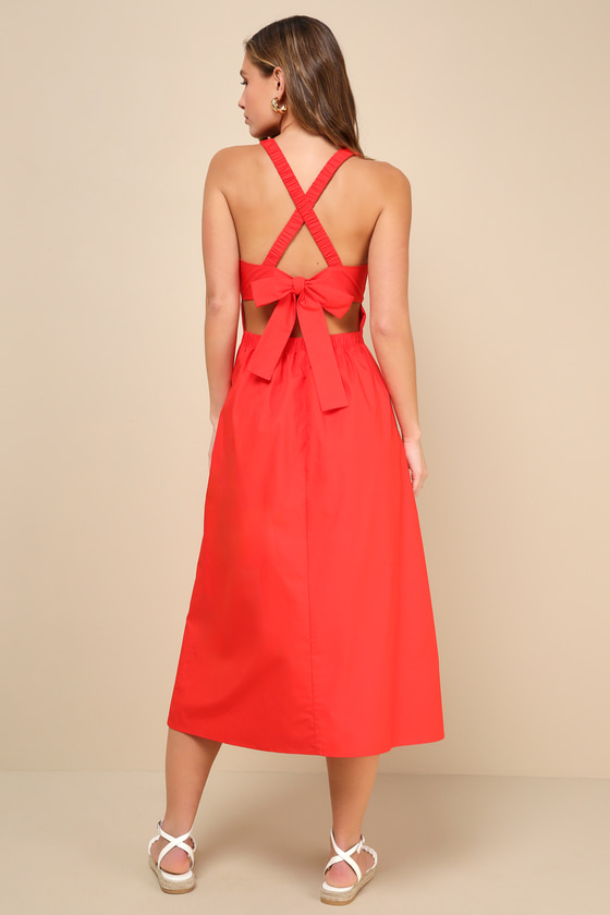 LULUS STROLLING SICILY RED PLEATED BACKLESS MIDI DRESS WITH POCKETS