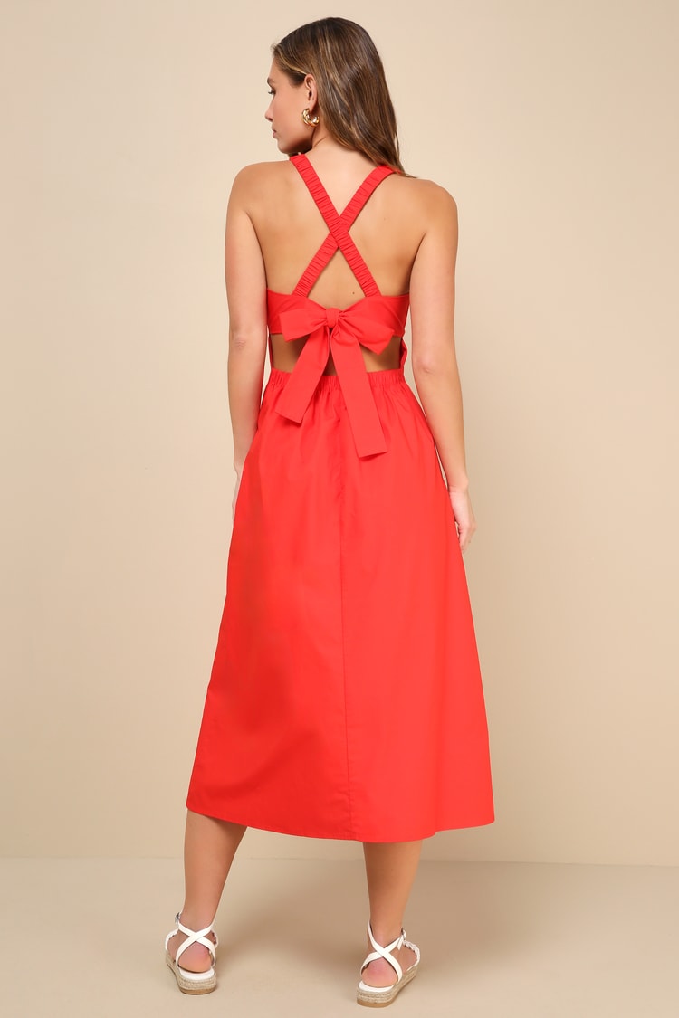 Strolling Sicily Red Pleated Backless Midi Dress With Pockets