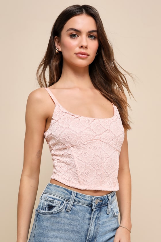 Shop Lulus Cute Quality Light Pink Lace Bustier Cropped Tank Top