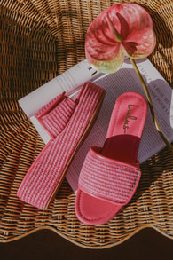 Evolet Pink Raffia Platform Slide Sandals