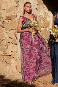 Garden Romance Magenta Floral Print Organza Maxi Dress