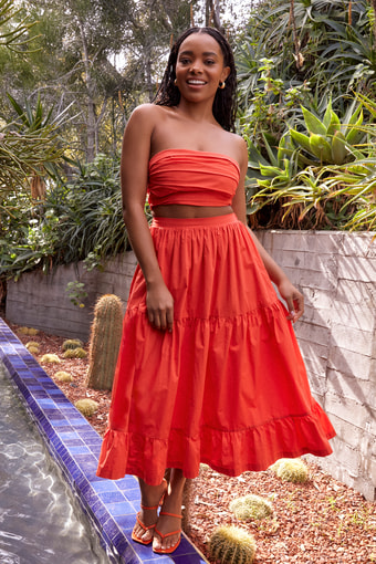 Daytime Perfection Red Cotton Tiered Midi Skirt