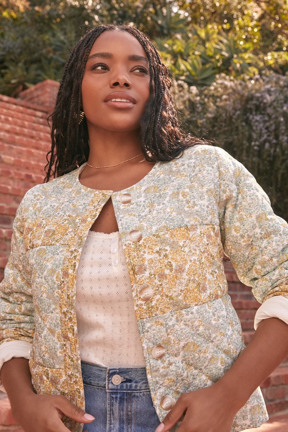 Blue and Yellow Floral Jacket - Quilted Jacket - Cute Quilt Coat - Lulus
