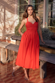 Strolling Sicily Red Pleated Backless Midi Dress With Pockets