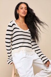 Trendy Comfort Ivory Striped Loose Knit Fringe Sweater