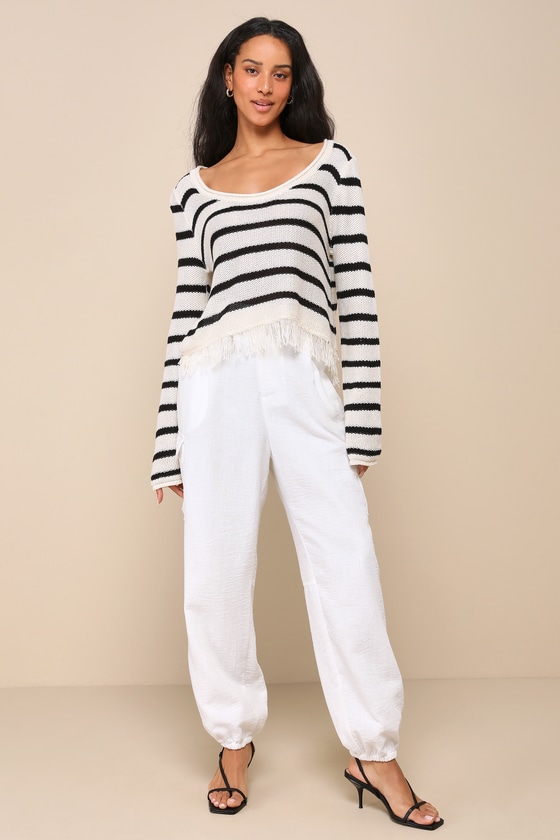 Shop Lulus Trendy Comfort Ivory Striped Loose Knit Fringe Sweater