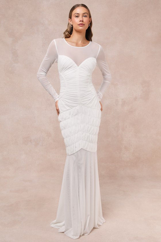 Shop Lulus Romantic Heights White Mesh Ruched Long Sleeve Maxi Dress