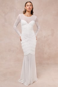 Romantic Heights White Mesh Ruched Long Sleeve Maxi Dress 1
