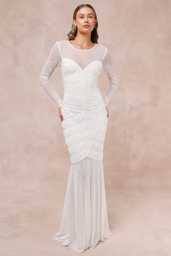 Romantic Heights White Mesh Ruched Long Sleeve Maxi Dress