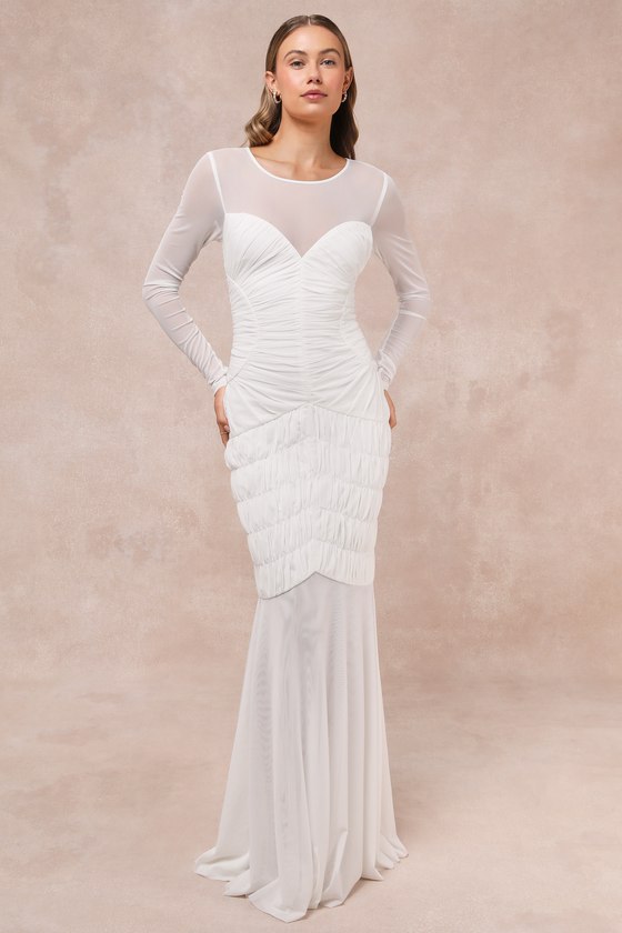 Romantic Heights White Mesh Ruched Long Sleeve Maxi Dress 1