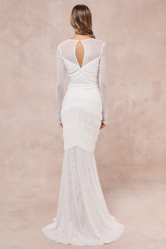 Lulus Romantic Heights White Mesh Ruched Long Sleeve Maxi Dress In White