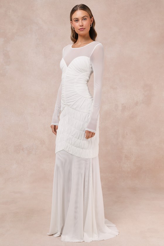 Lulus Romantic Heights White Mesh Ruched Long Sleeve Maxi Dress In White