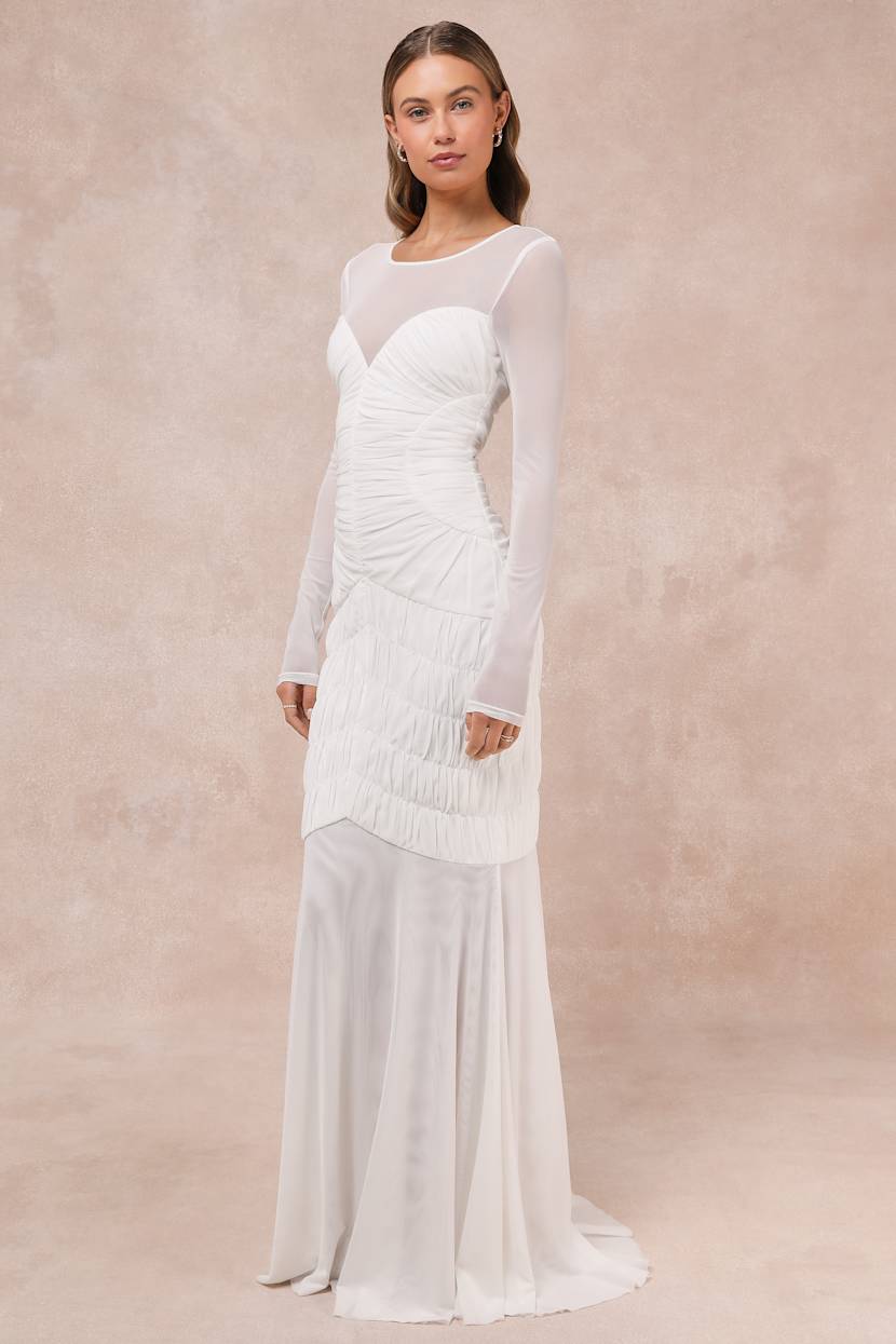 White Sheer Mesh Dress - Ruched Dress - Long Sleeve Maxi Dress - Lulus