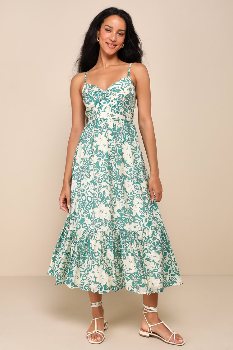 Picture-Perfect Aura Green Floral Cutout Ruffled Midi Dress