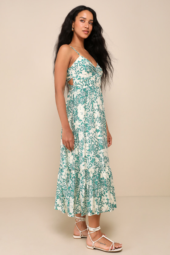 Picture-Perfect Aura Green Floral Cutout Ruffled Midi Dress 3