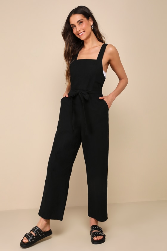 Shop Lulus Easygoing Summer Black Linen Straight Leg Jumpsuit