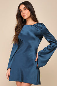 Sincerely Sleek Dark Blue Satin Cowl Back Slip Mini Dress