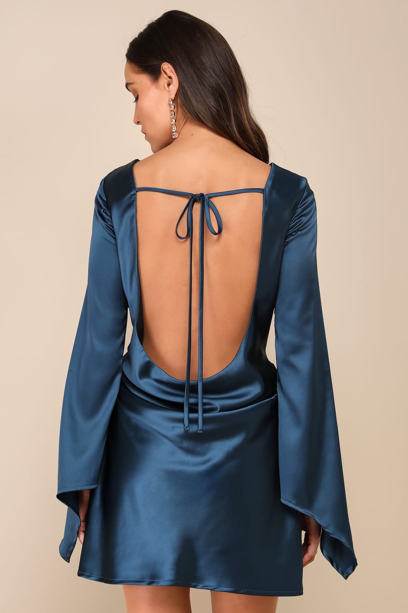 Sincerely Sleek Dark Blue Satin Cowl Back Slip Mini Dress