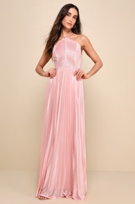 Elaborate Charm Light Pink Satin Pleated Backless Maxi Dress