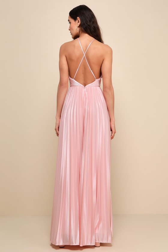 Elaborate Charm Light Pink Satin Pleated Backless Maxi Dress 4