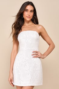 Luxe Mentality Ivory Tweed Sequin Strapless Lace-Up Mini Dress