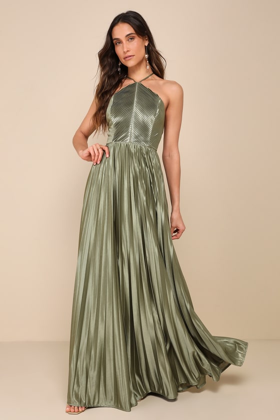 Lulus Elaborate Charm Olive Green Satin Pleated Backless Maxi Dress