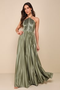 Elaborate Charm Olive Green Satin Pleated Backless Maxi Dress 1