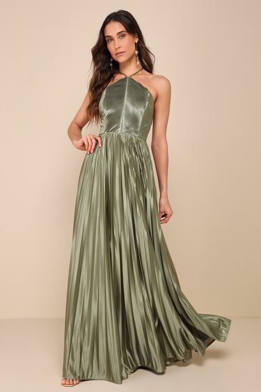 Olive Green Dress Pleated Gown Halter Gown Backless Dress