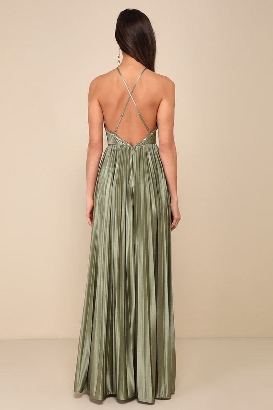 Shop Lulus Elaborate Charm Olive Green Satin Pleated Backless Maxi Dress