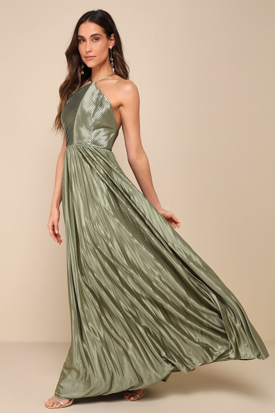 Shop Lulus Elaborate Charm Olive Green Satin Pleated Backless Maxi Dress